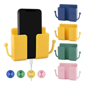 Wall-Mounted Mobile Phone Holder With Dual Hooks Charging Smartphone Beside Wall Outlet