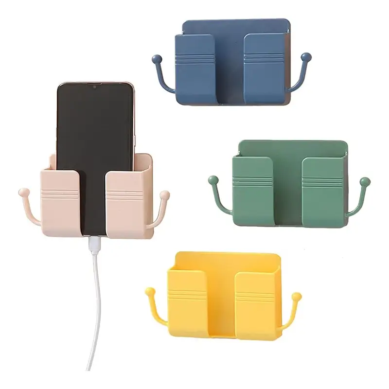 Wall-Mounted Phone Charging Holder With Dual Side Hooks For Cable Organization Wall-Mounted Phone Charging Holder With Dual Side Hooks For Cable Organization